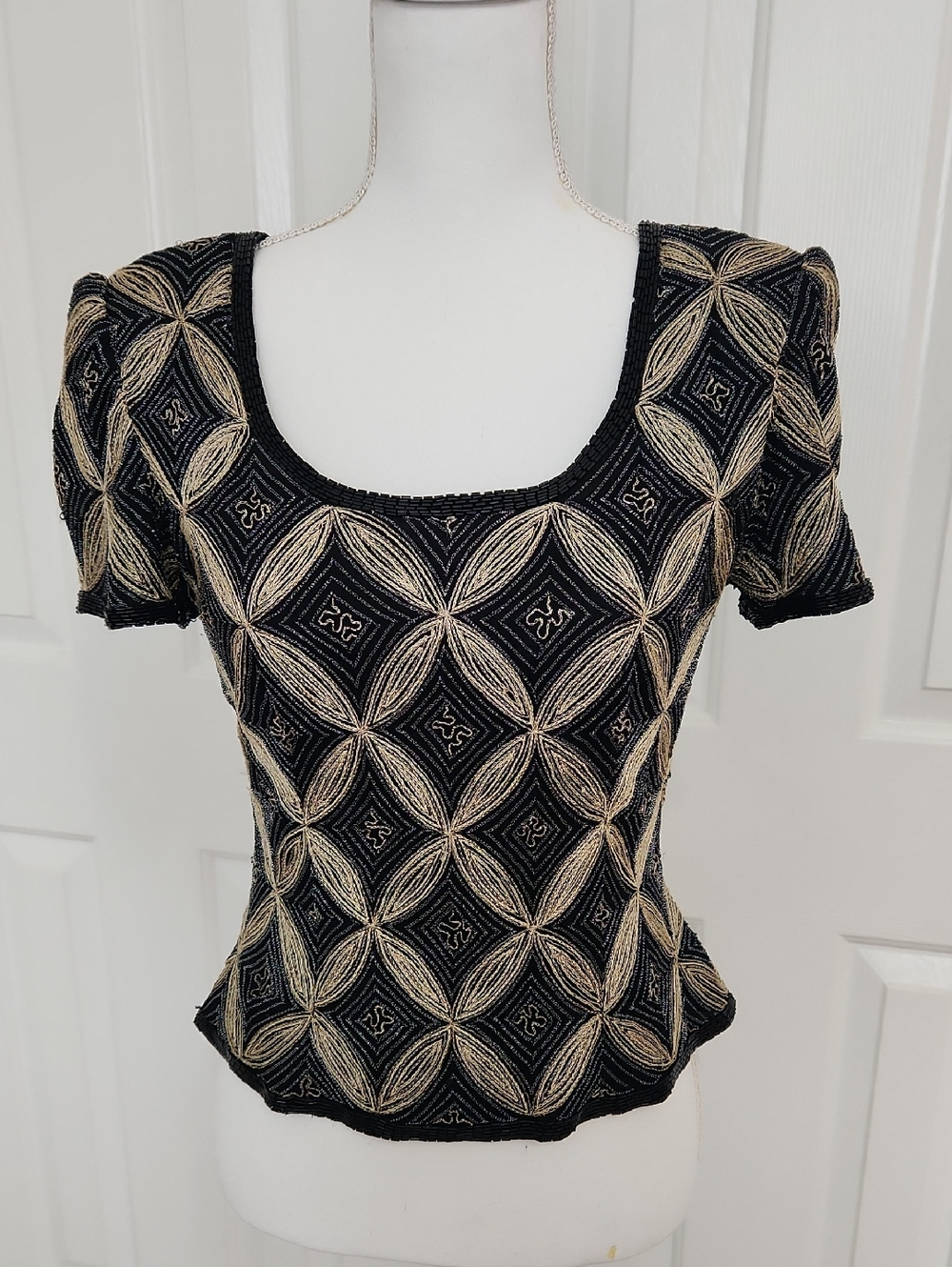 Papell Boutique Evening Silk Beaded Embroidered Top S Geometric Metallic Glam